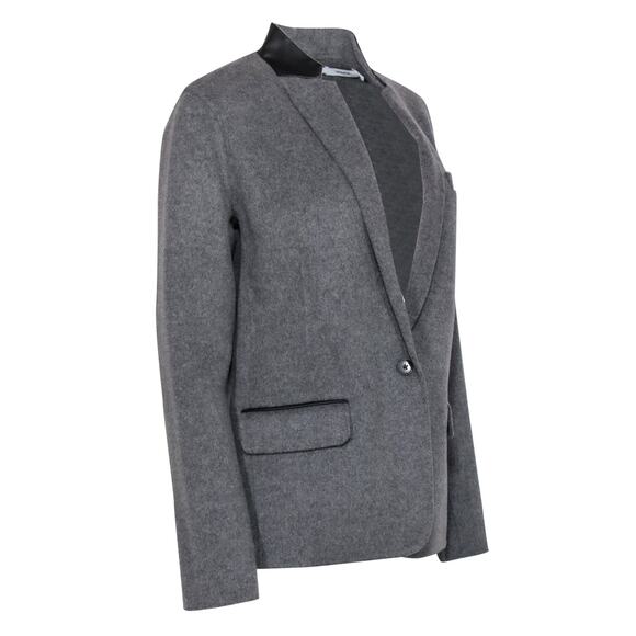 Vince NWOT Grey Buttoned Wool Blend Leather Trim Collar Button Blazer Size 10 - Picture 3 of 8
